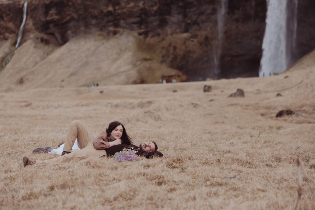 Seljalandsfoss waterfall in Iceland, engagement photos.