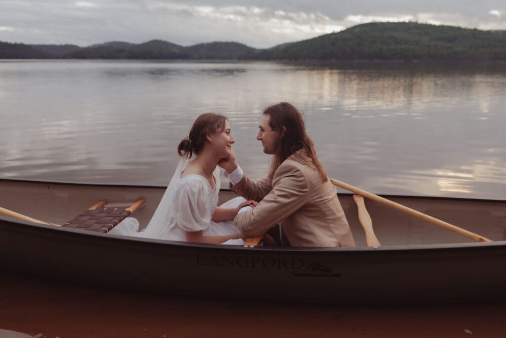 Elopement portraits on the Jack Pine Trail beach, Algonquin Park